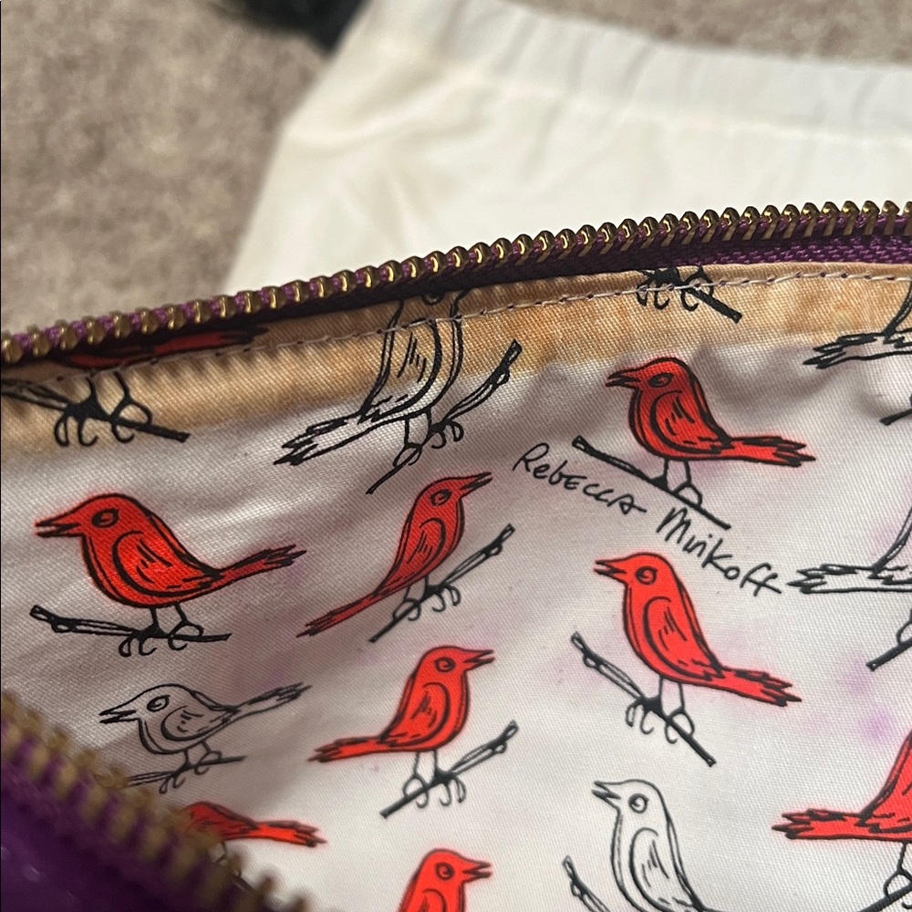 Rebecca Minkoff Love Letter Loveletter clutch, bird lining, purple suede, EUC! - Picture 9 of 9